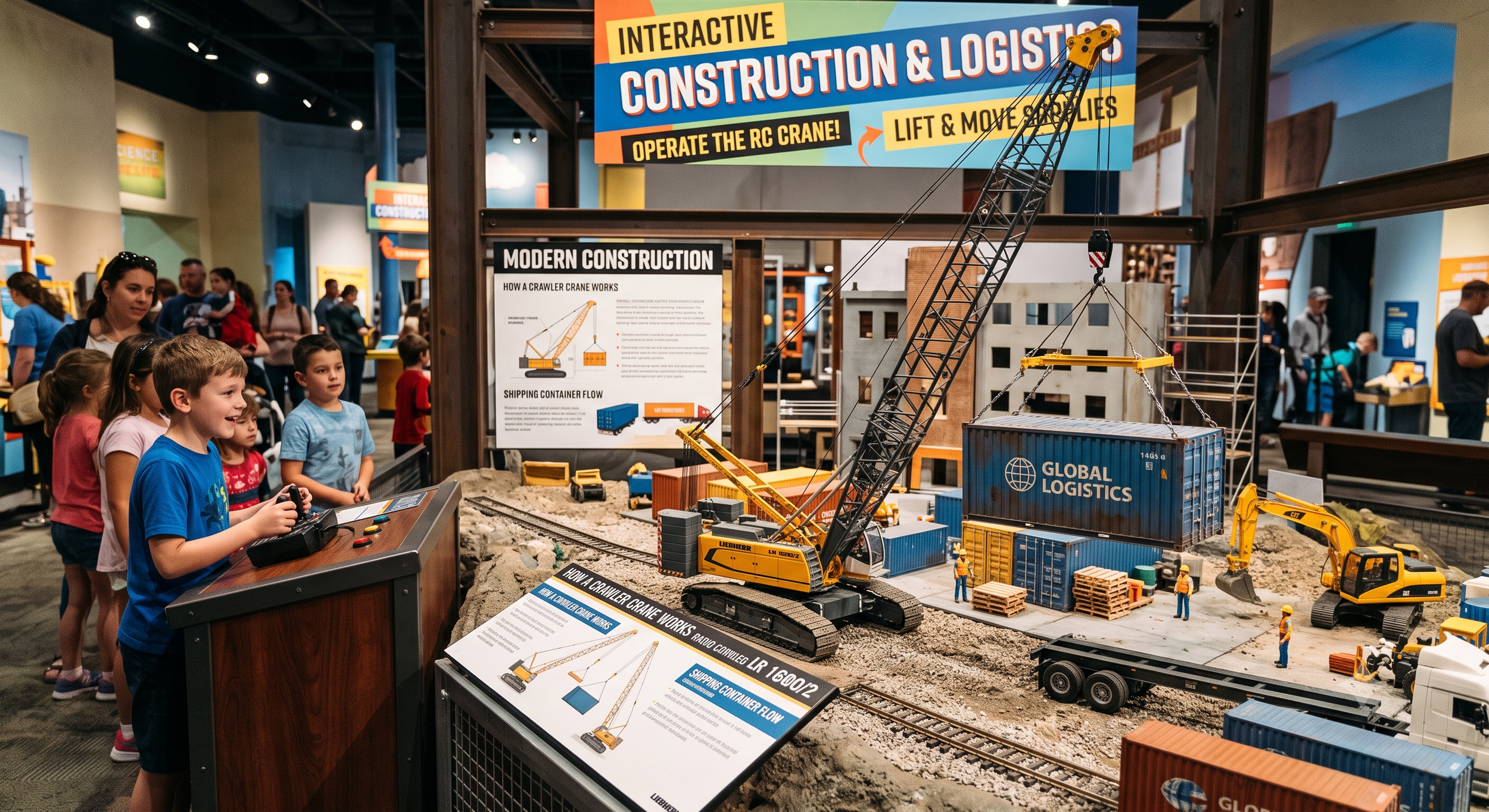 Children and adults observing a construction-themed exhibit with a model crane lifting shipping containers at an interactive museum exhibit.