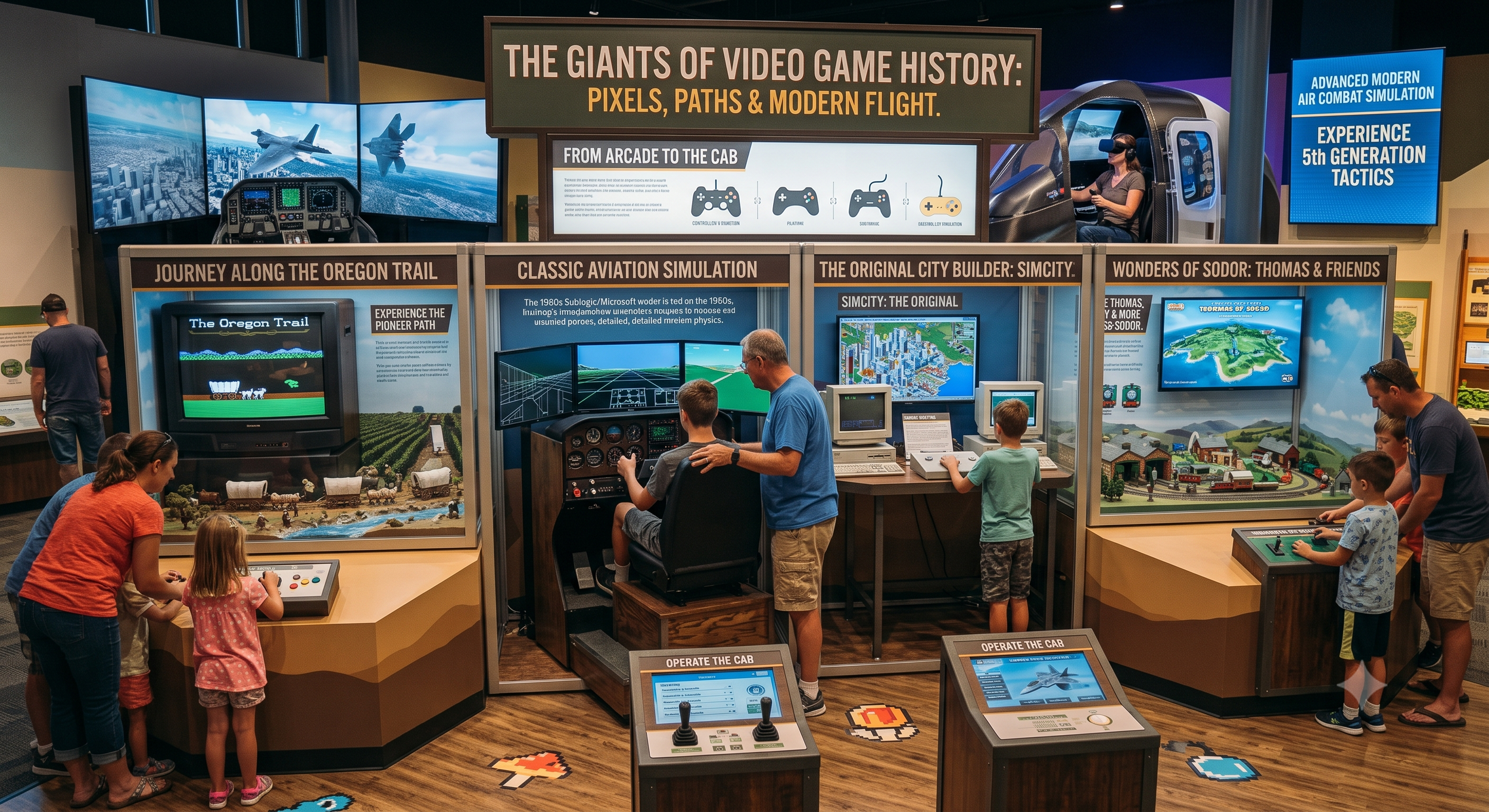 Exhibit at a museum showcasing video game history with vintage and modern simulators, screens of video games, and visitors including children and adults exploring gaming displays.