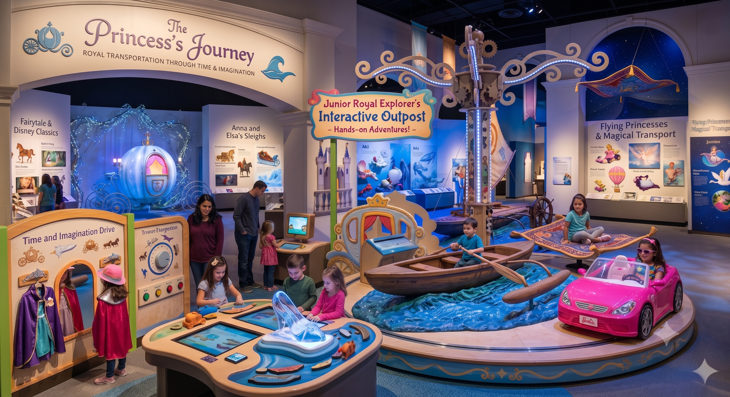 Children playing in a princess-themed adventure exhibit with boats, a pink ride-on car, and castle decor, part of the 'Princess's Journey' interactive outpost at a museum.