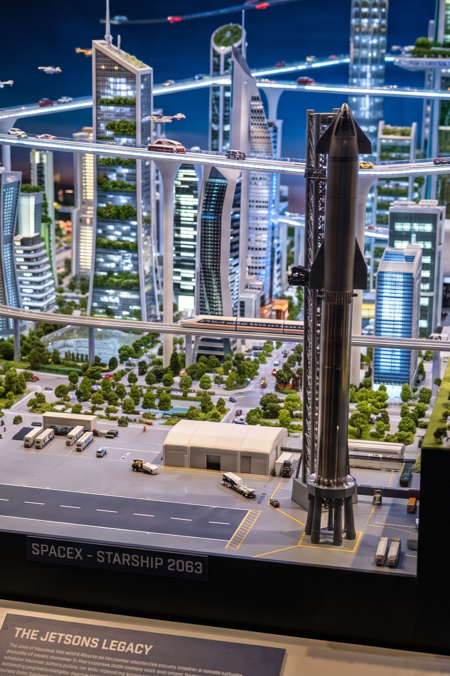 Detailed model of a futuristic cityscape including multiple ultra-modern skyscrapers, elevated transportation tracks, and a space launch facility with a SpaceX Starship 2063 rocket on a launch pad.
