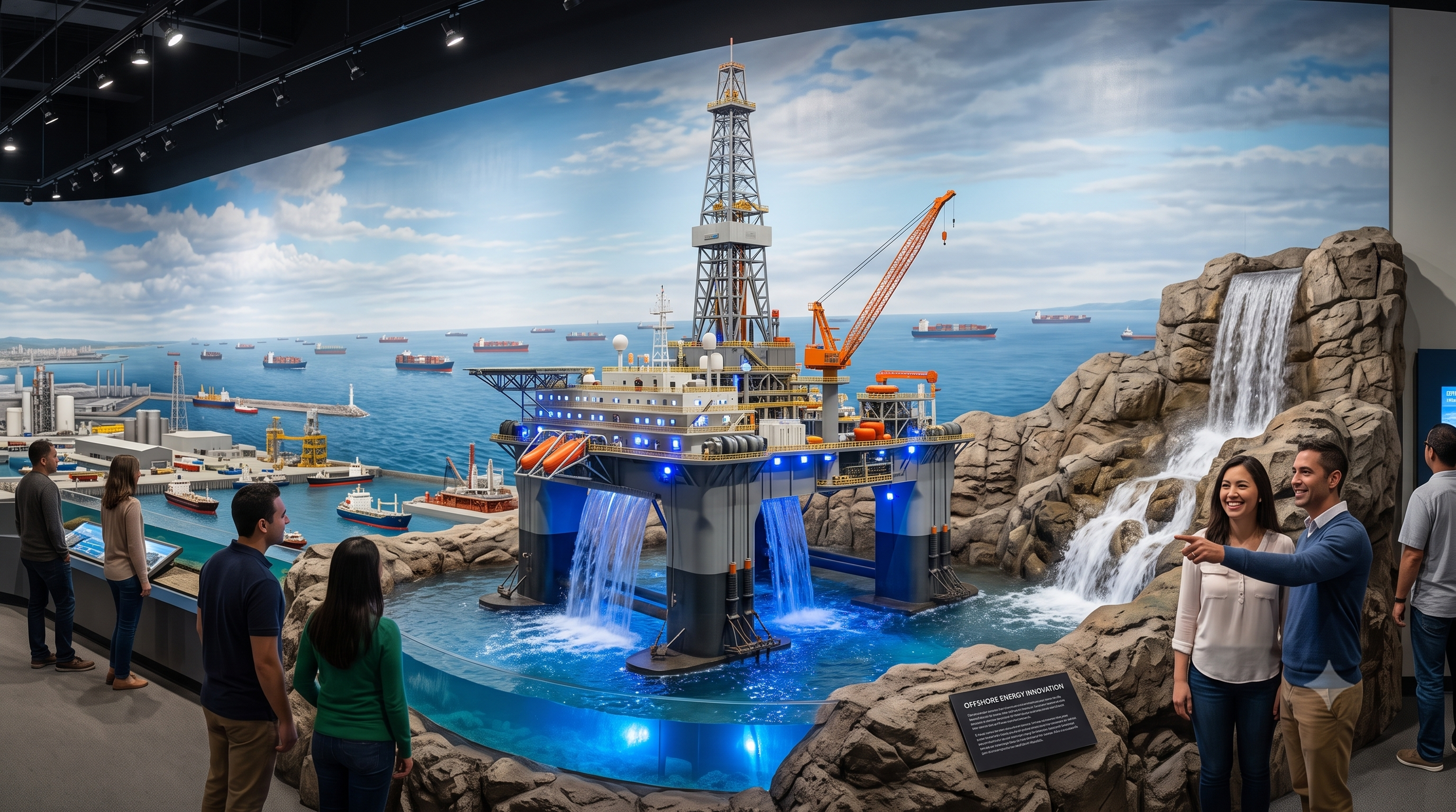 Museum exhibit featuring a large model of an offshore oil rig with a waterfall and a waterfall and waterfall in the background. Several visitors are observing the display and chatting.