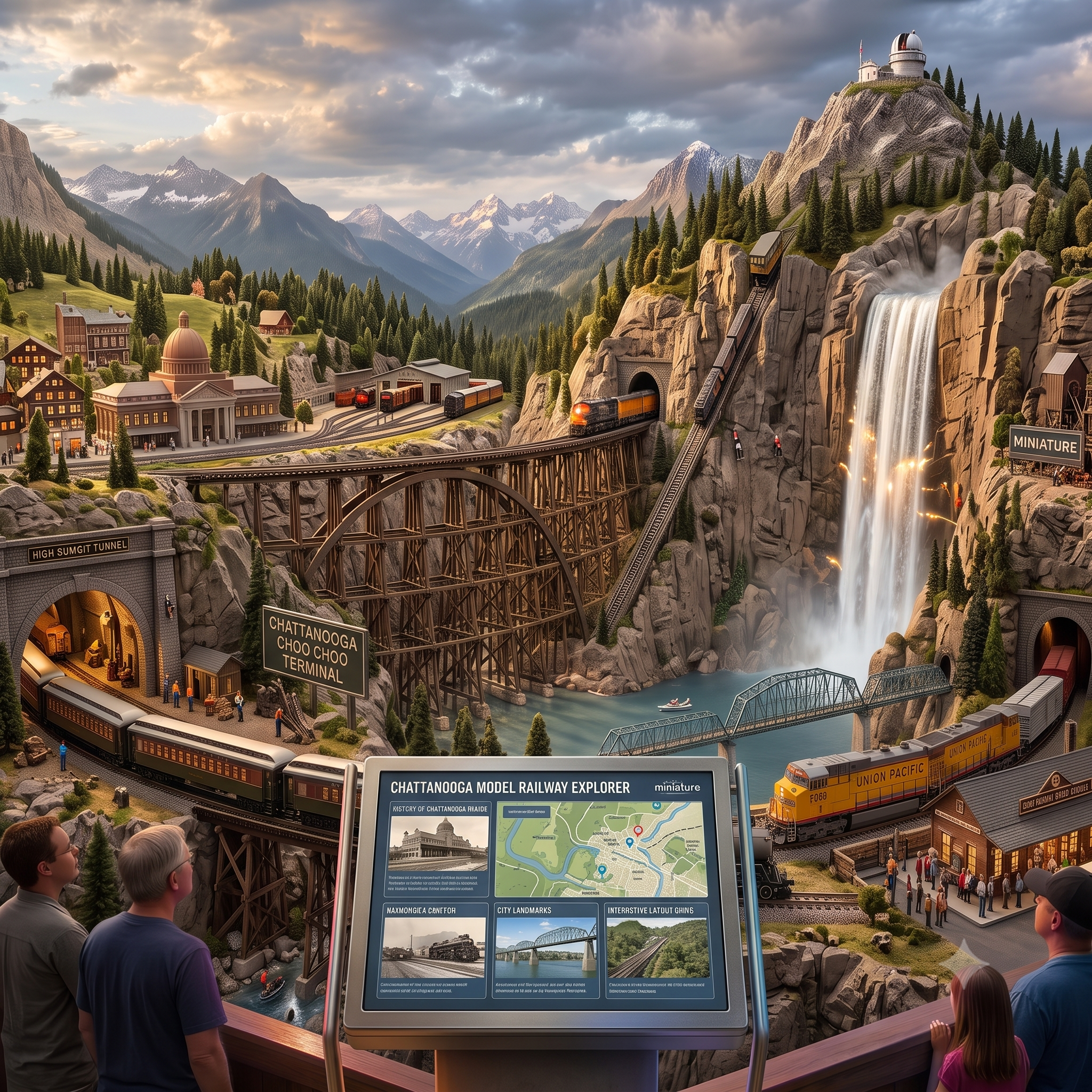 A detailed miniature model of Chattanooga, Tennessee, featuring a mountain landscape with a waterfall, a train passing through, buildings, and a lookout tower atop a mountain, with visitors observing and reading informational signs.