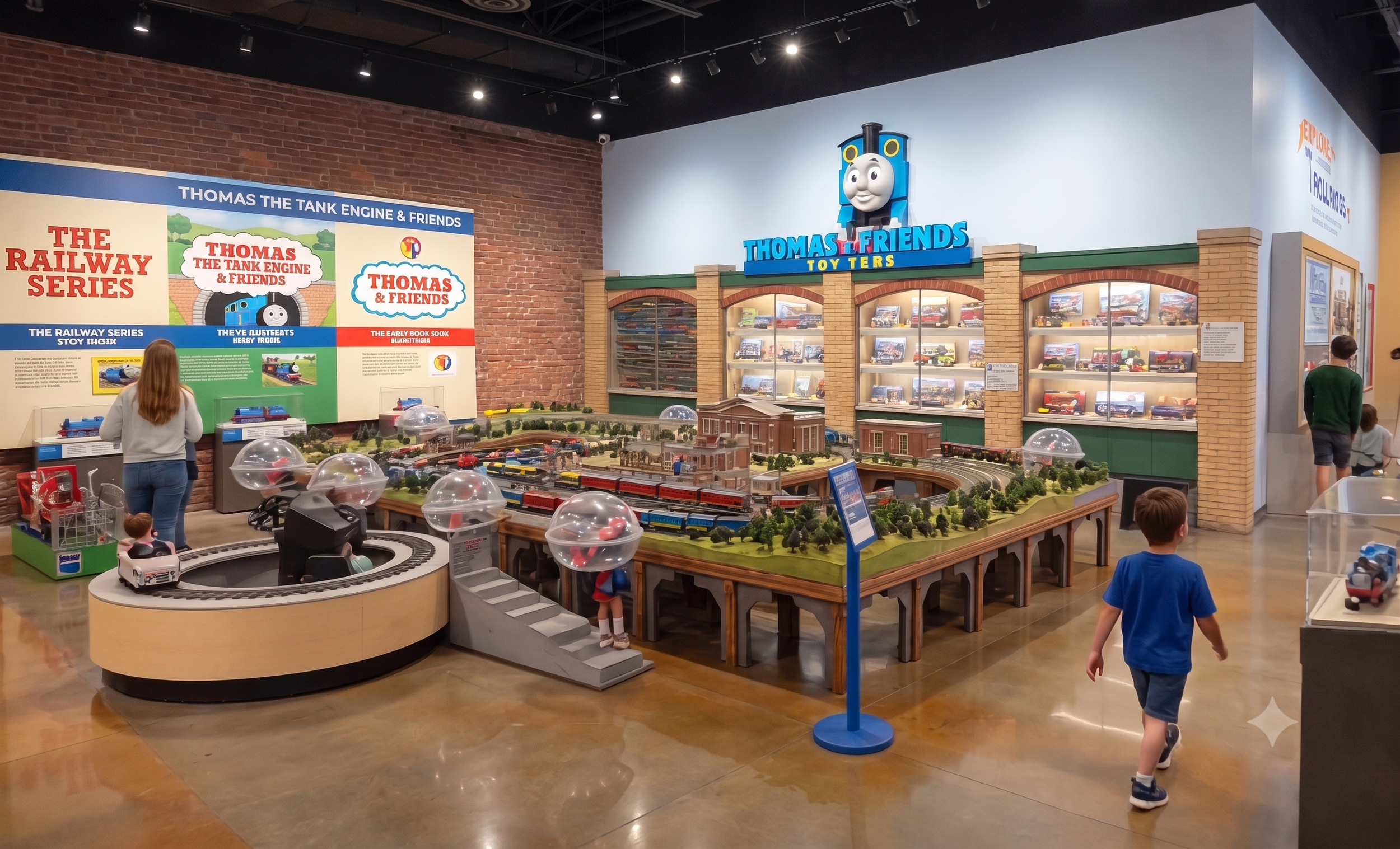An indoor display of Thomas the Tank Engine and friends, featuring a model train layout, signs, and children exploring.