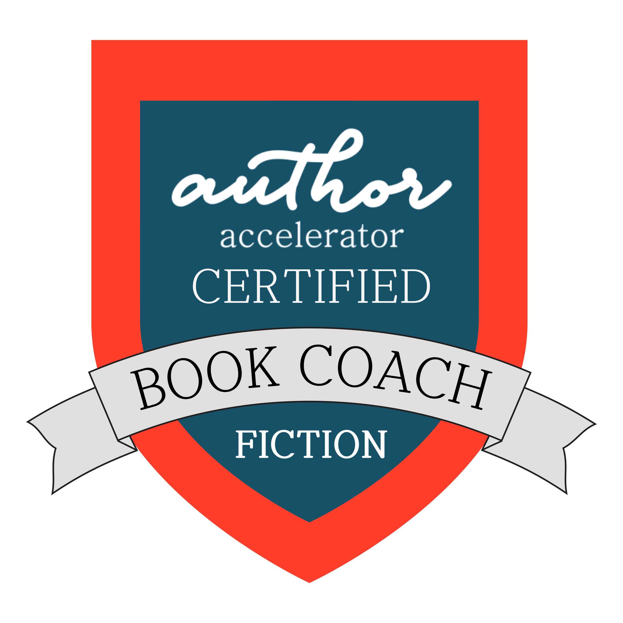 A badge with a red and blue shield shape, featuring the text 'author' in white cursive, 'certified' in uppercase, and a ribbon below with 'book coach' written on it.