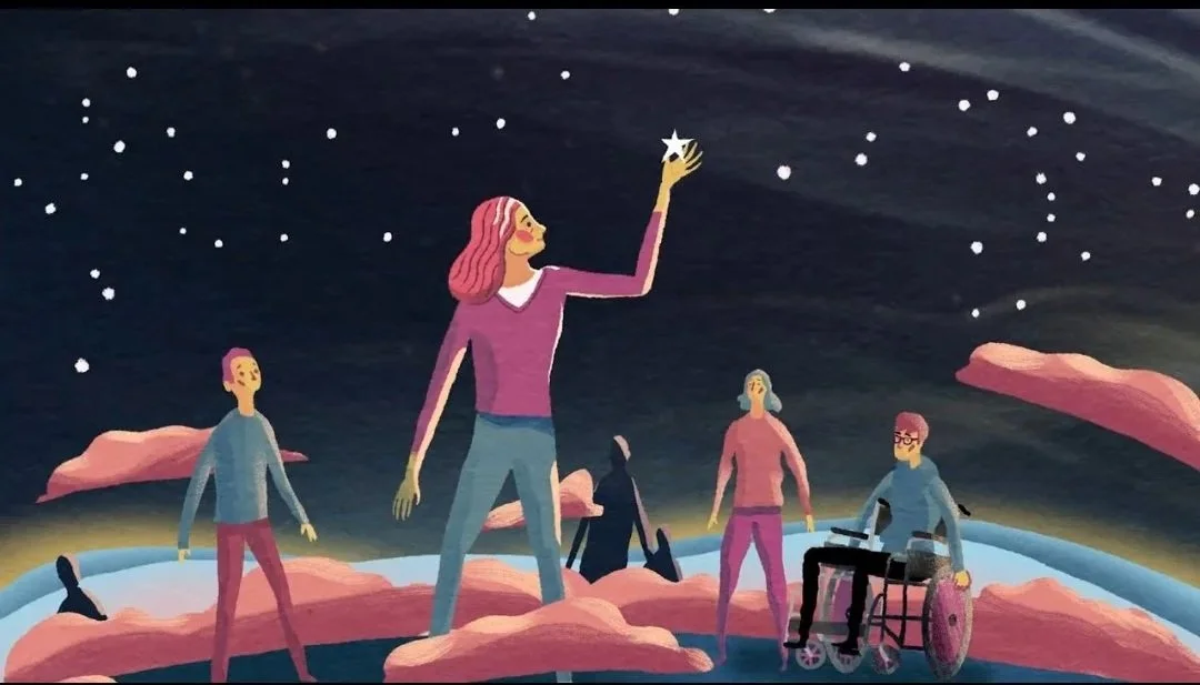 A still shot of the animation of the poem, All Ways Home. Illustration of diverse people standing on clouds in space, reaching for a star against a starry sky and the Earth in the background.