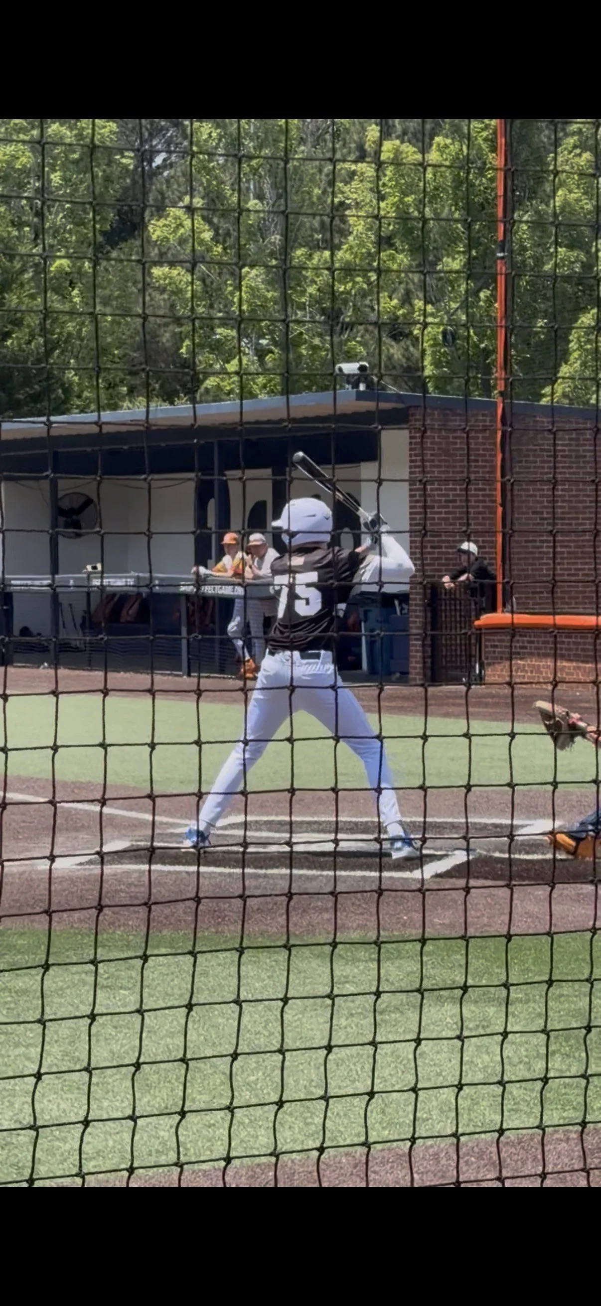 A baseball player in a black and white uniform with the number 15 is at home plate, ready to swing a bat during a game, with an umpire and spectators behind a safety net.