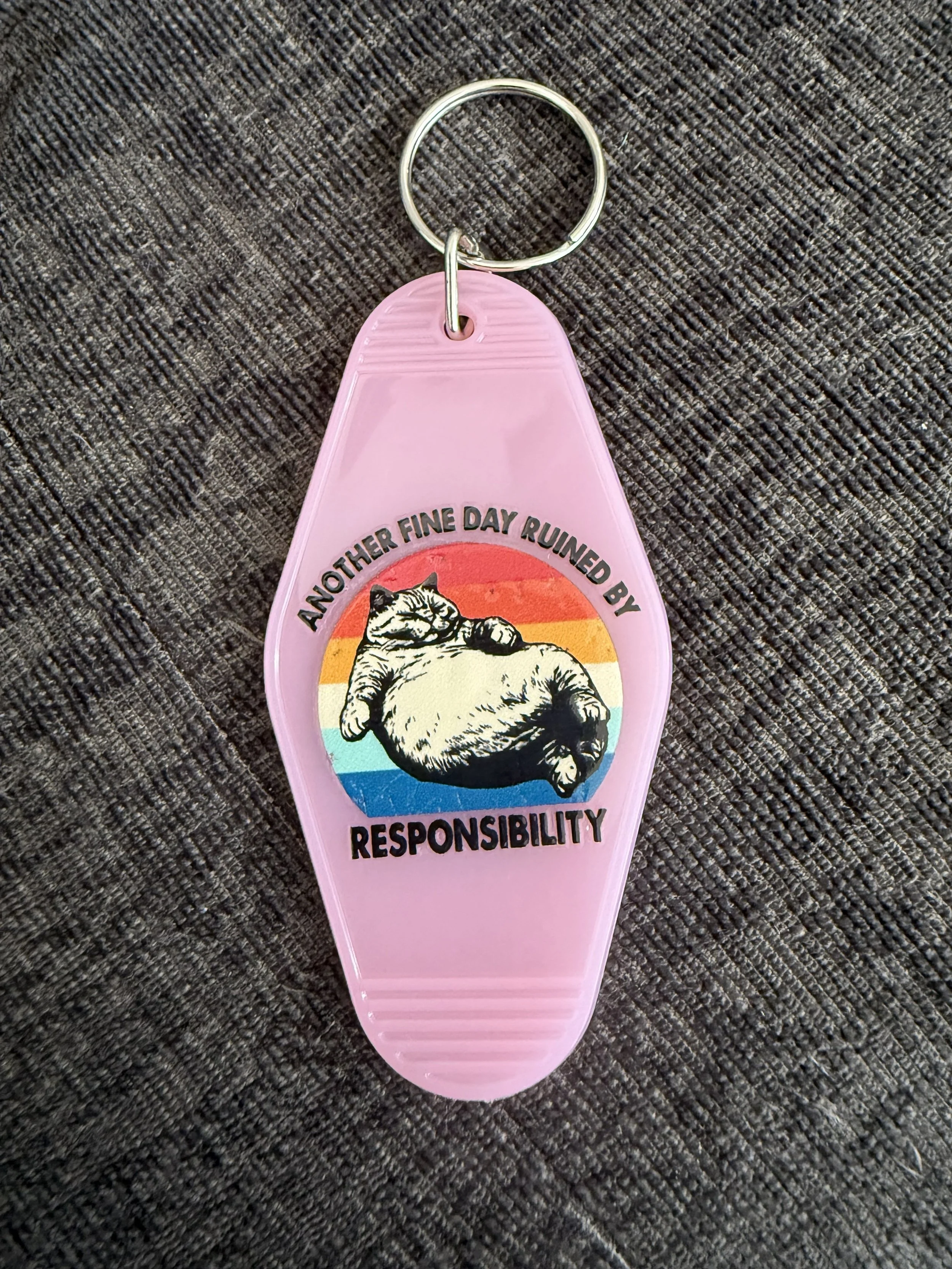 Retro Cat Keychain: Another Fine Day Ruined by Responsibility