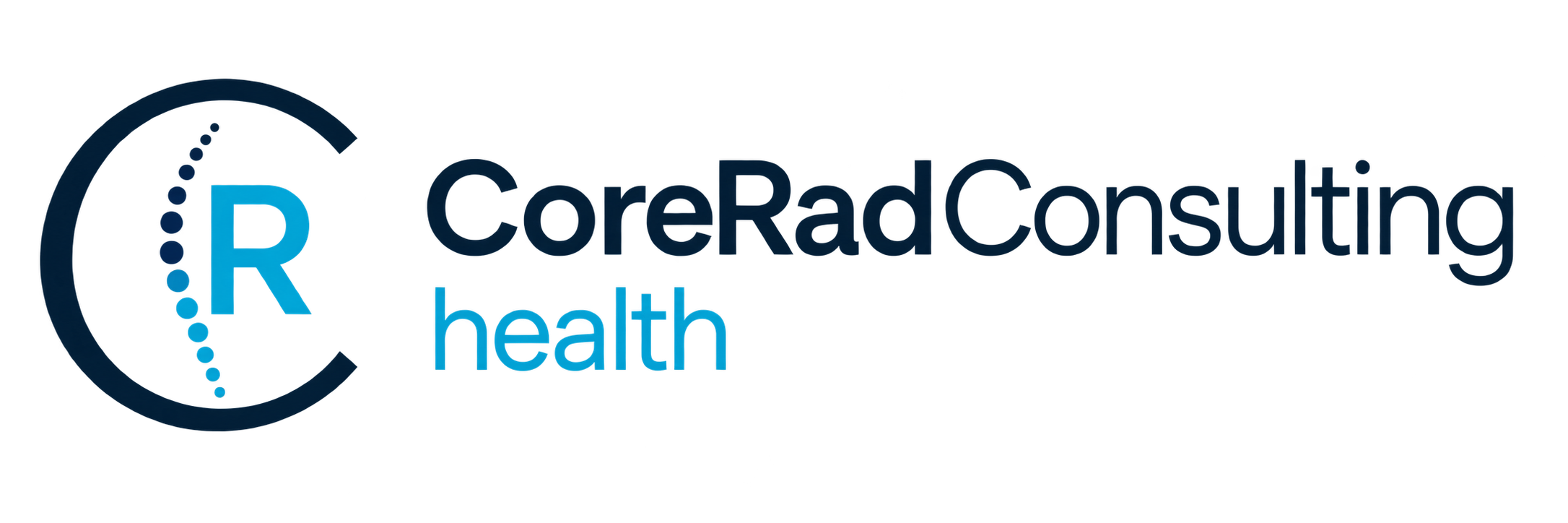 Logo der Firma CoreRad Consulting Health. Der Name ist in blauer Schrift, mit einem stilisierten Rundklick und einem Wort 'health' in kleiner Schrift darunter.