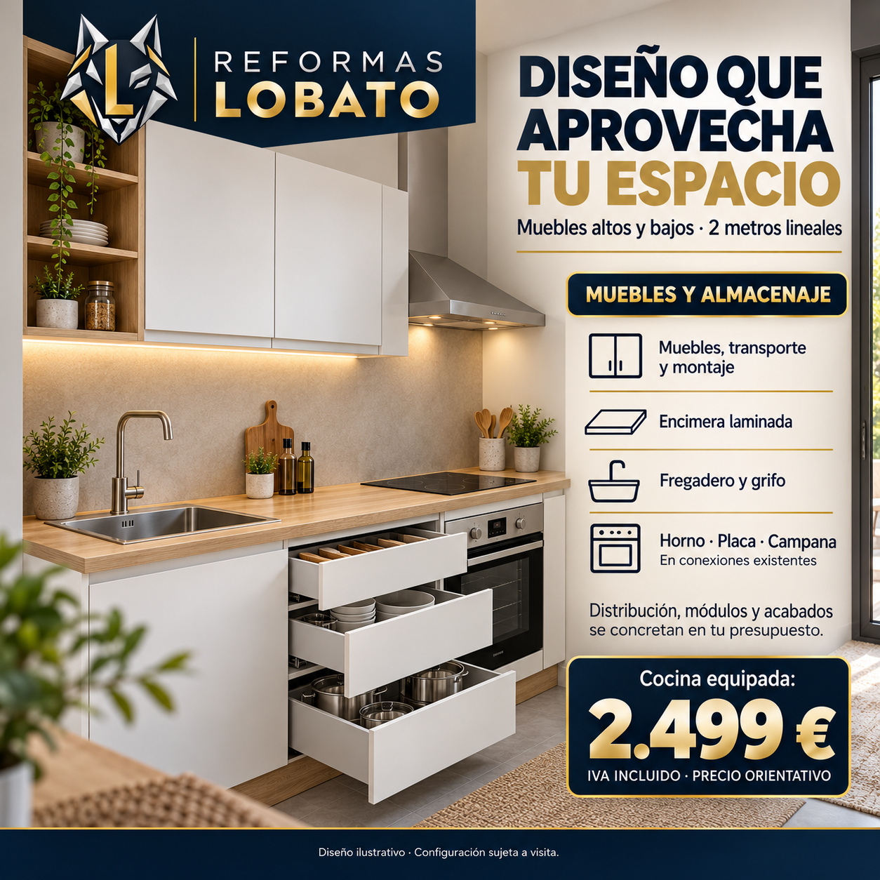Cocina equipada de 2 metros lineales con montaje en Sevilla