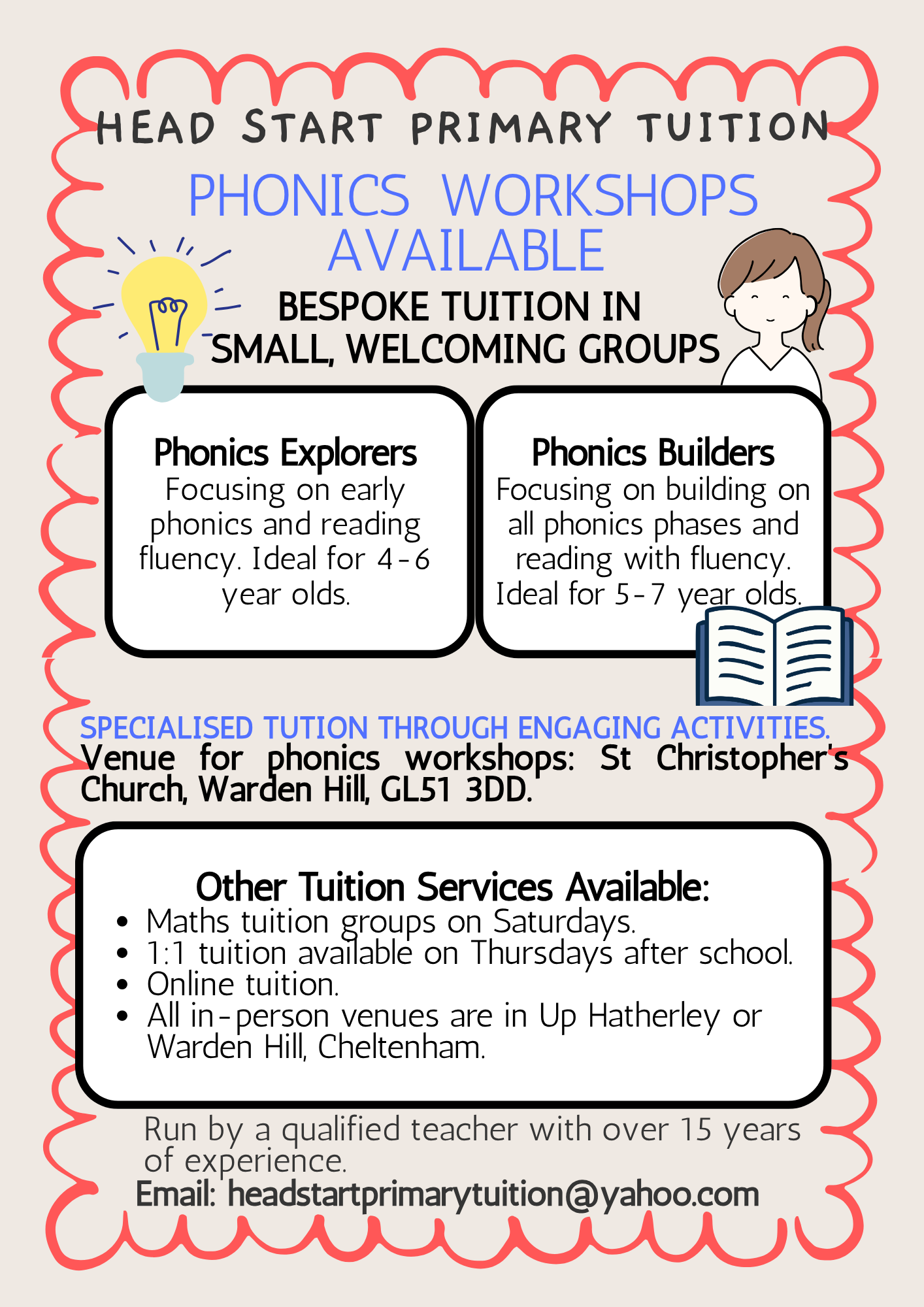 A colorful poster advertising phonics workshops for primary students, with illustrations of a light bulb and a smiling girl, offering tailored tuition for early phonics reading and building phonics skills for different age groups.