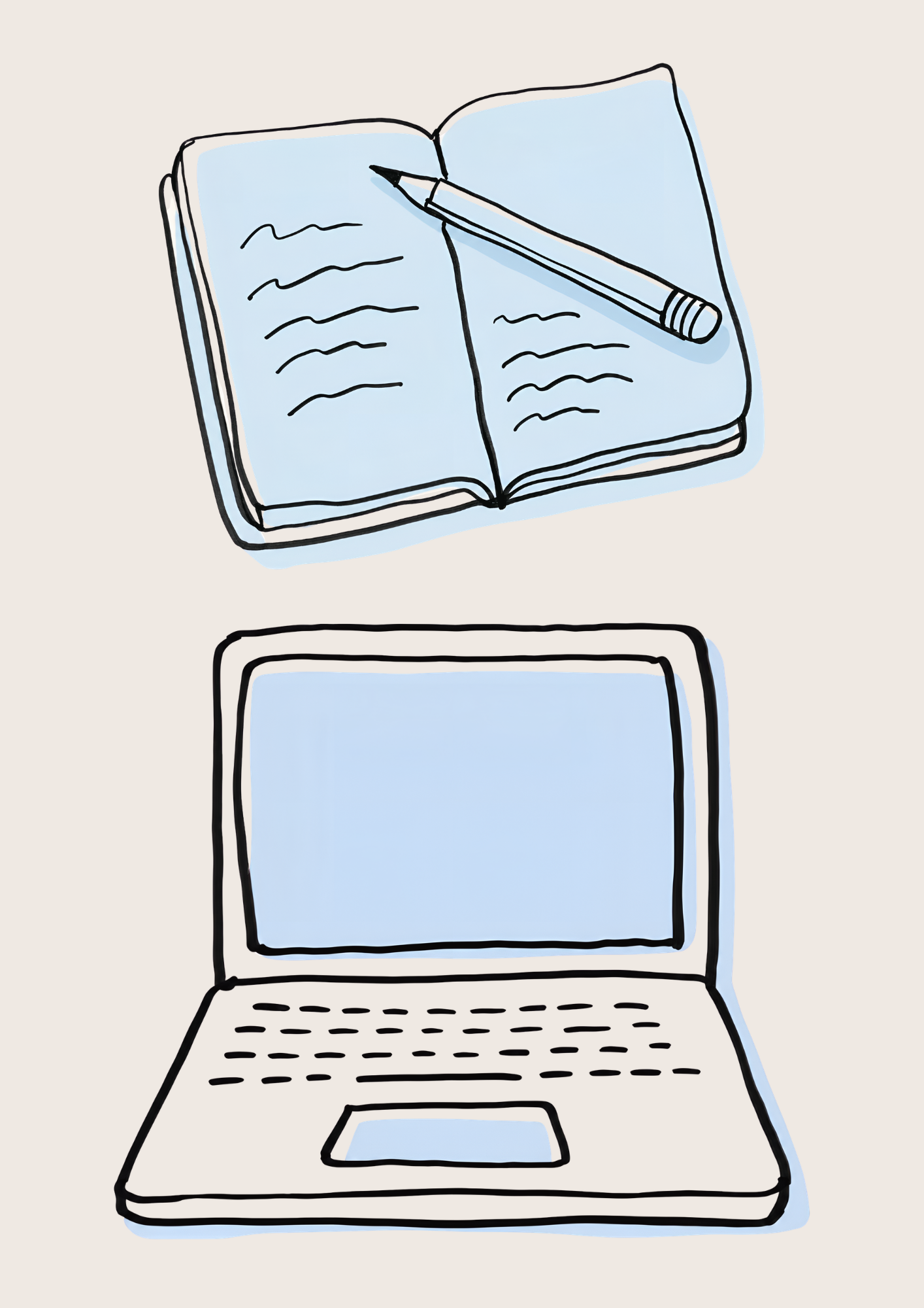 Illustration of a laptop computer with a blank screen, a light blue open book with writing and a pen on top, against a light background.