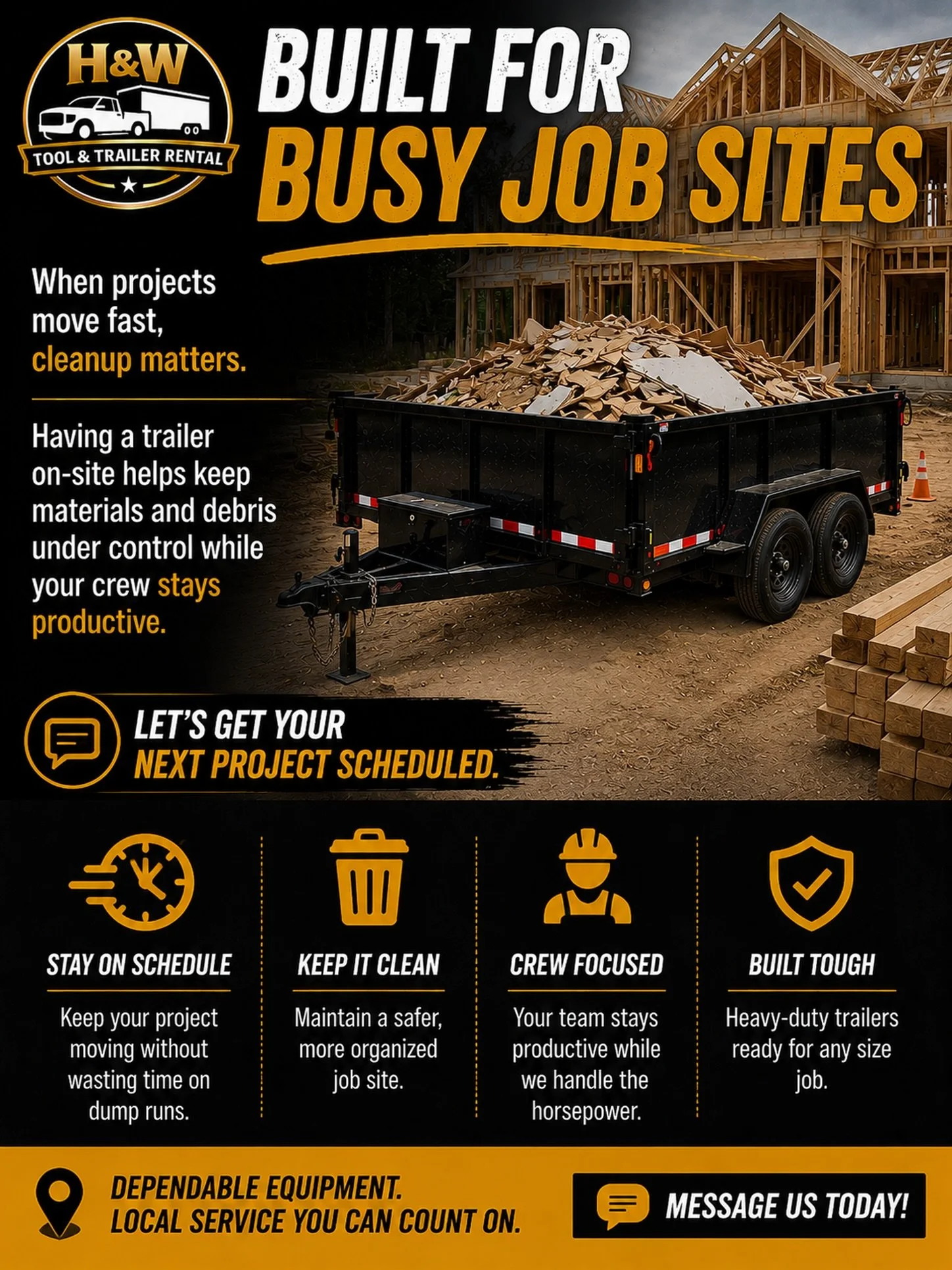 🚧 BUSY JOB SITE? WE&rsquo;VE GOT THE TRAILER.

Keep your crew working and your project moving.

H&amp;W Tool &amp; Trailer Rental delivers dependable trailers directly to your job site &mdash; so you can spend less time dealing with logistics and mo