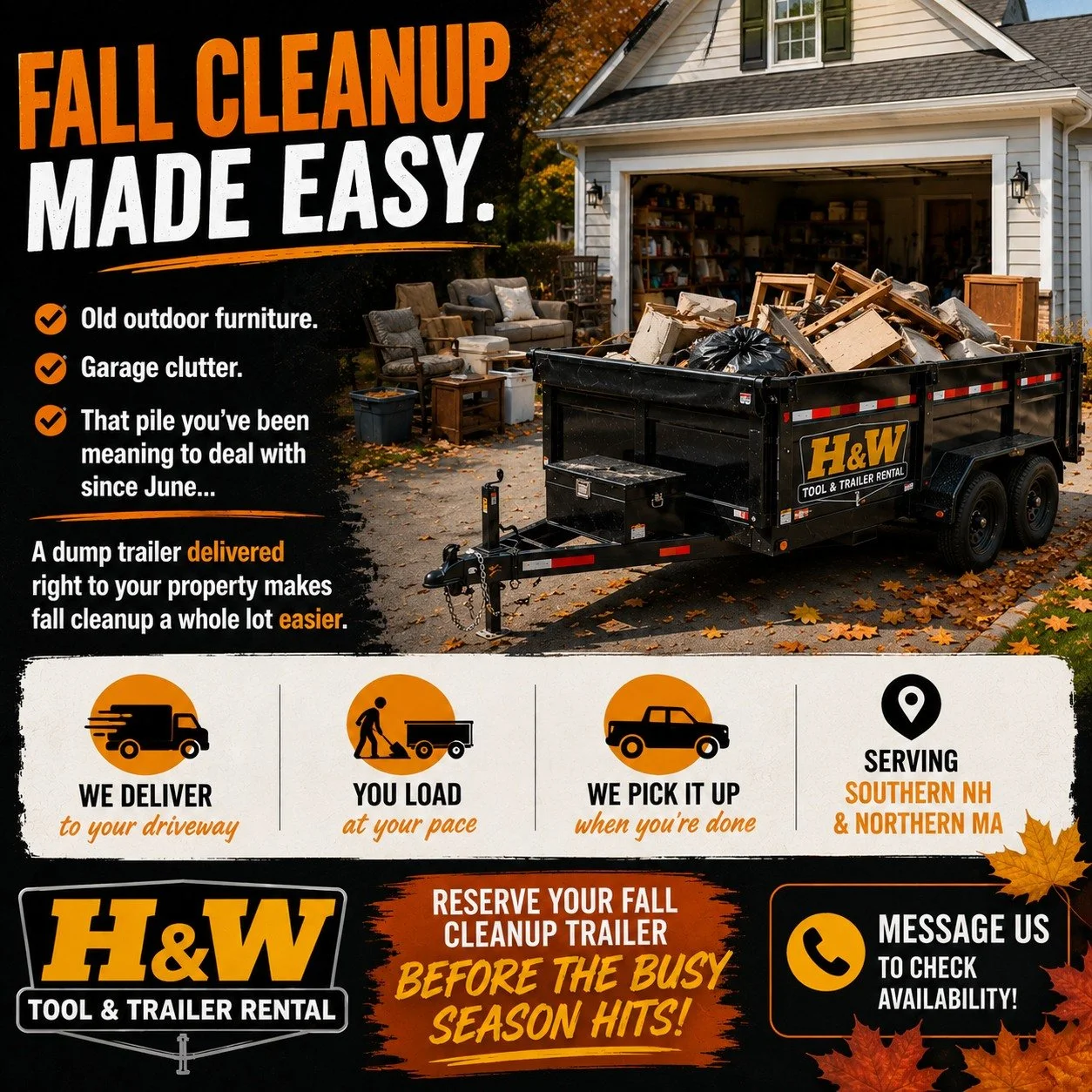 Old outdoor furniture. Garage clutter. That pile you've been meaning to deal with since June...

A dump trailer delivered right to your property makes fall cleanup a whole lot easier.

📍 Serving Southern NH &amp; Northern MA
🚚 We deliver
💪 You loa