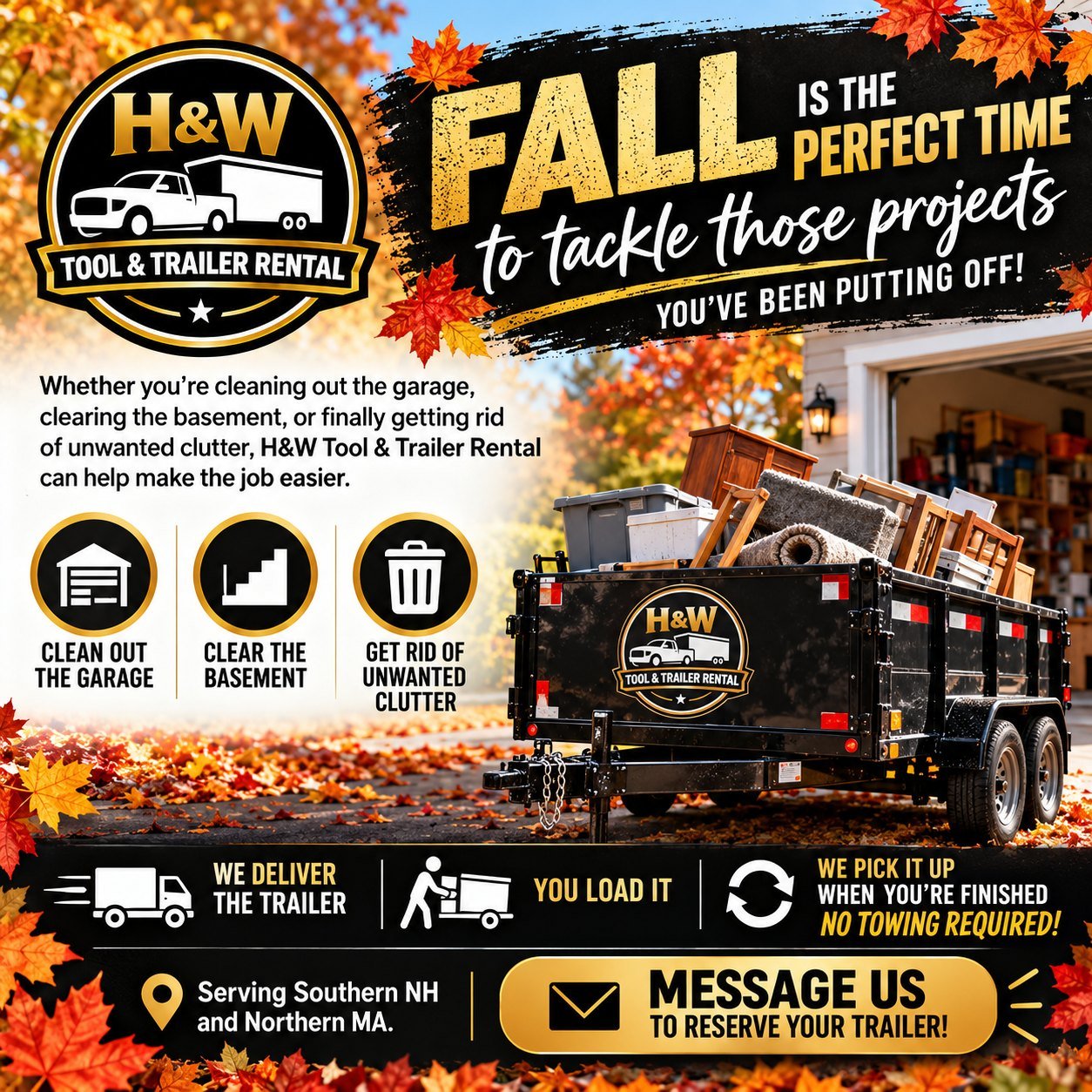 🍂 Fall cleanout calling?

Garage overflowing? Basement packed? Too much stuff and not enough space?

🚛 We deliver. You load. We pick up.

Make room for what matters this fall!

#FallCleanout #DumpTrailerRental #SouthernNH #NorthernMA #GarageCleanou