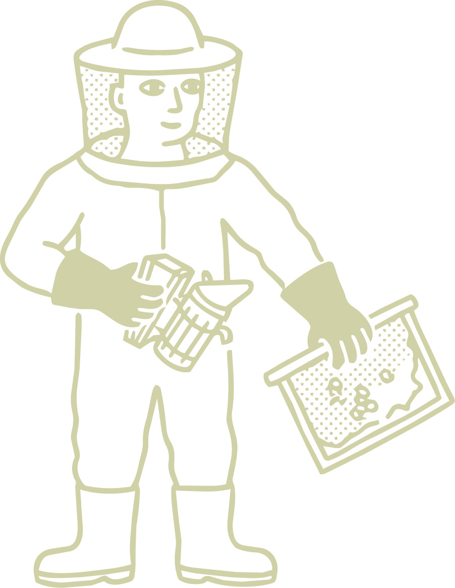 Rappresentazione stilizzata di un ricercatore con tuta protettiva, cappello e visiera, che tiene un beccuccio e un piatto contenente campioni o microorganismi.