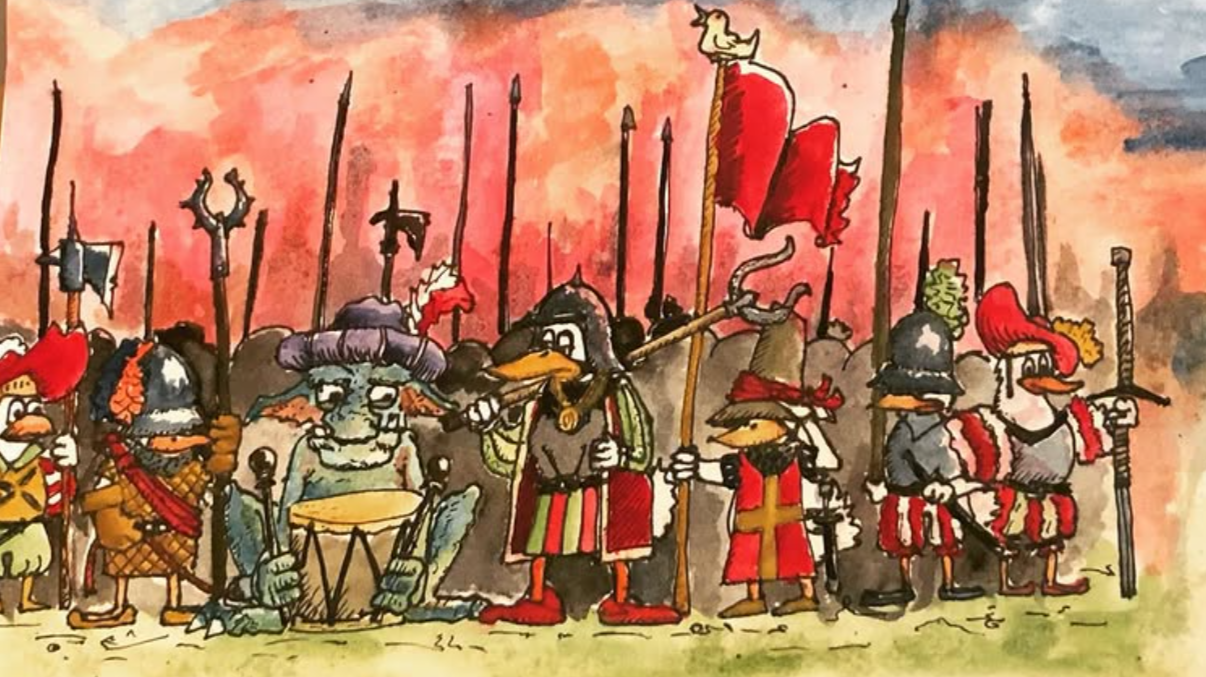 Cartoon drawing of anthropomorphic ducks dressed as medieval soldiers and knights, holding spears, a flag, and wearing armor, standing in formation against a pink and orange sky.