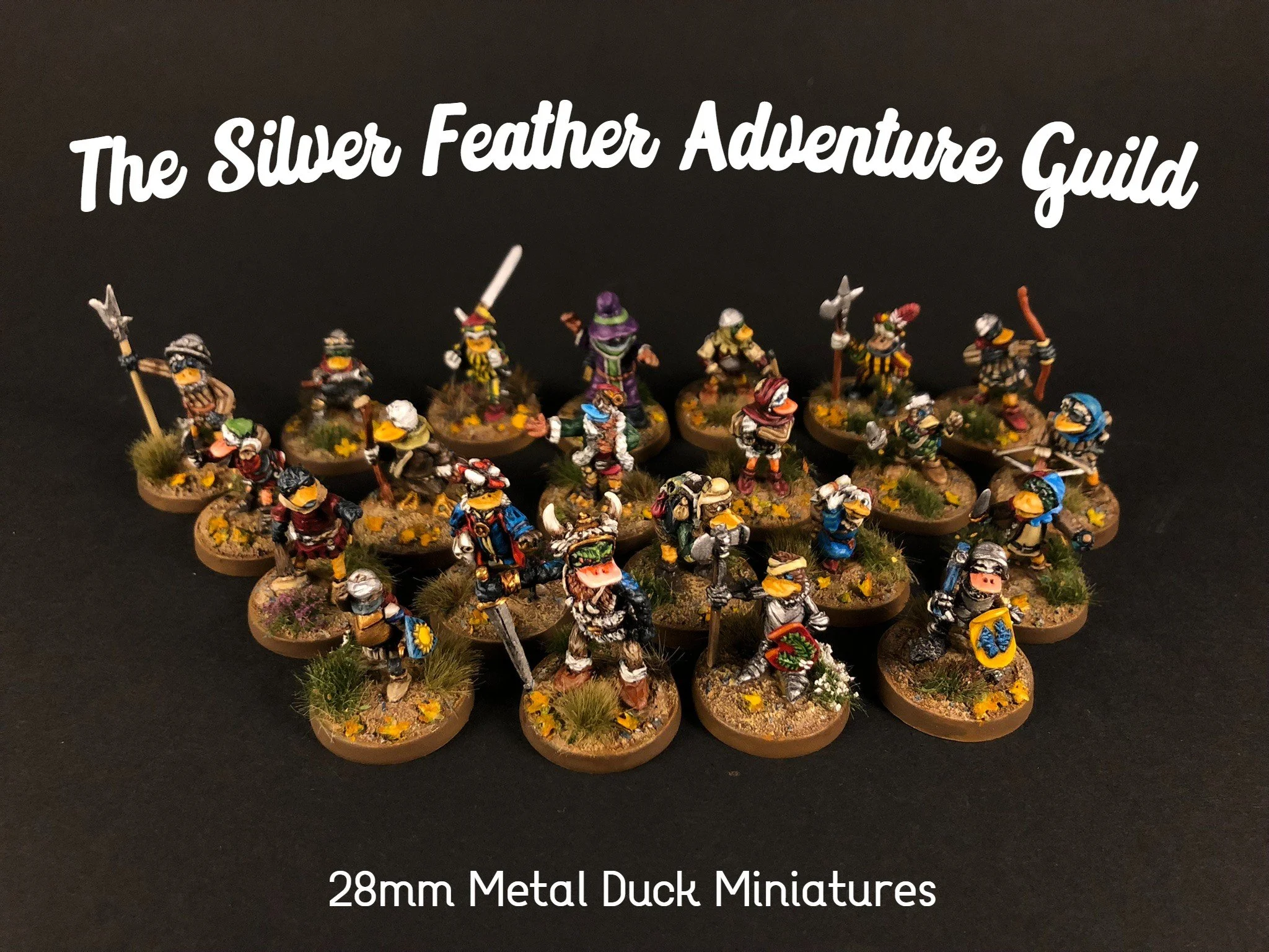A collection of painted miniature figures of ducks in medieval or fantasy attire, arranged on round bases decorated with grass and flowers, with a dark background and white text reading 'The Silver Feather Adventure Guild, 28mm Metal Duck Miniatures.'