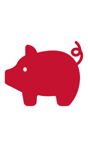 Red piggy bank with a coin being inserted.