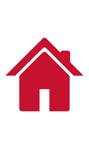 A red house icon with a chimney and black details, set against a black background.