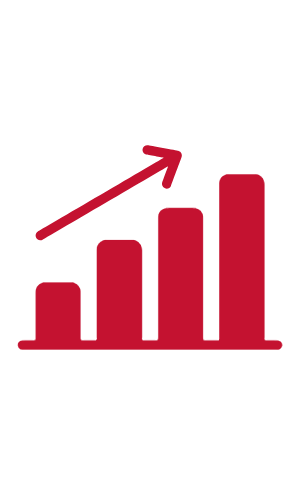 A red bar graph with four ascending bars and an upward-pointing arrow indicating growth or increase.
