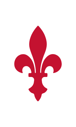 A red fleur-de-lis symbol on a black background.