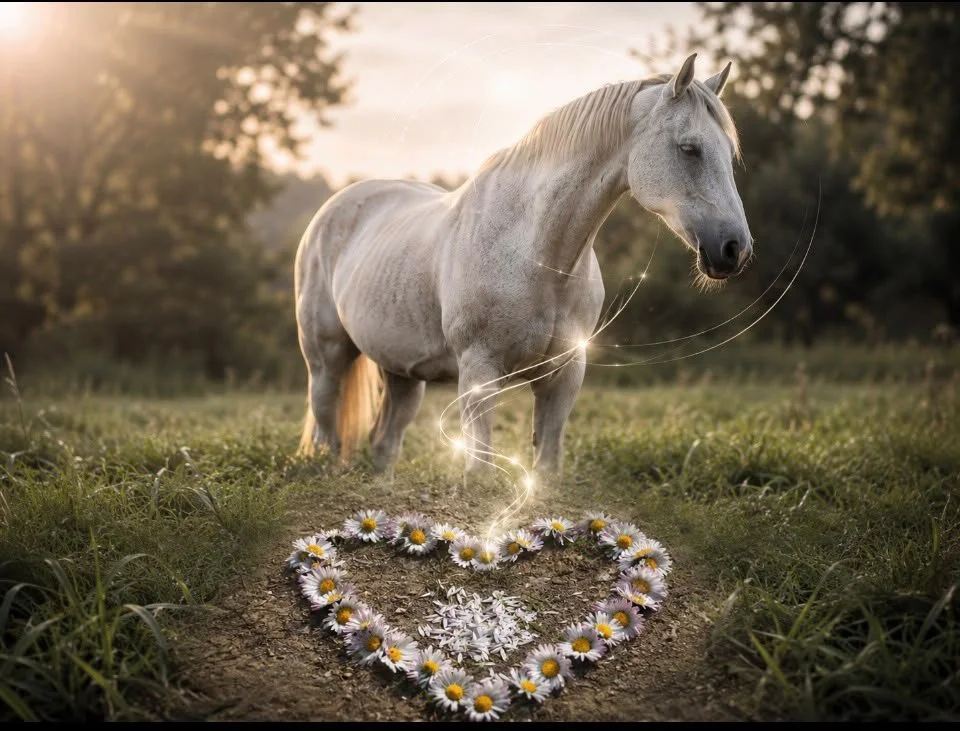 Un cheval blanc dans un pré lors du coucher du soleil, entouré de fleurs en forme de cœur avec des pétales et une lumière magique.