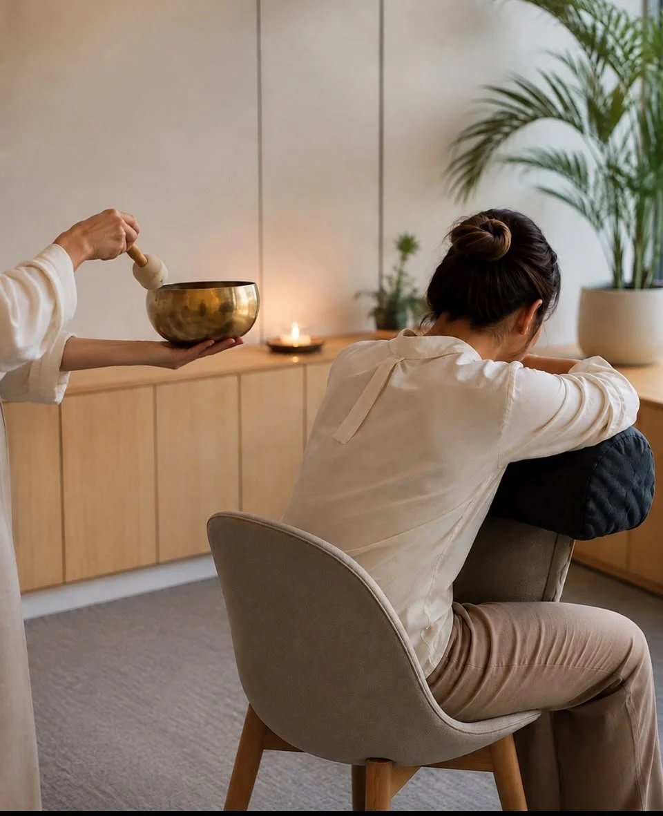 Une femme assise sur une chaise, apparemment triste, avec une personne derrière elle tenant un bol tibétain, dans une pièce calme avec des plantes et une bougie.