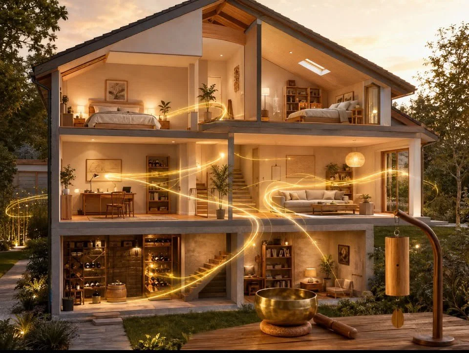Une maison à trois étages avec intérieur lumineux et décoratif, visible depuis l'extérieur, dans un environnement naturel avec arbres, éclairée par une lumière chaleureuse