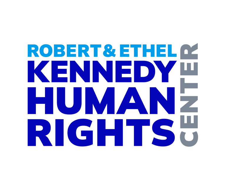 Text graphic with the names Robert & Ethel Kennedy, Human Rights Center in blue and gray text on a black background.