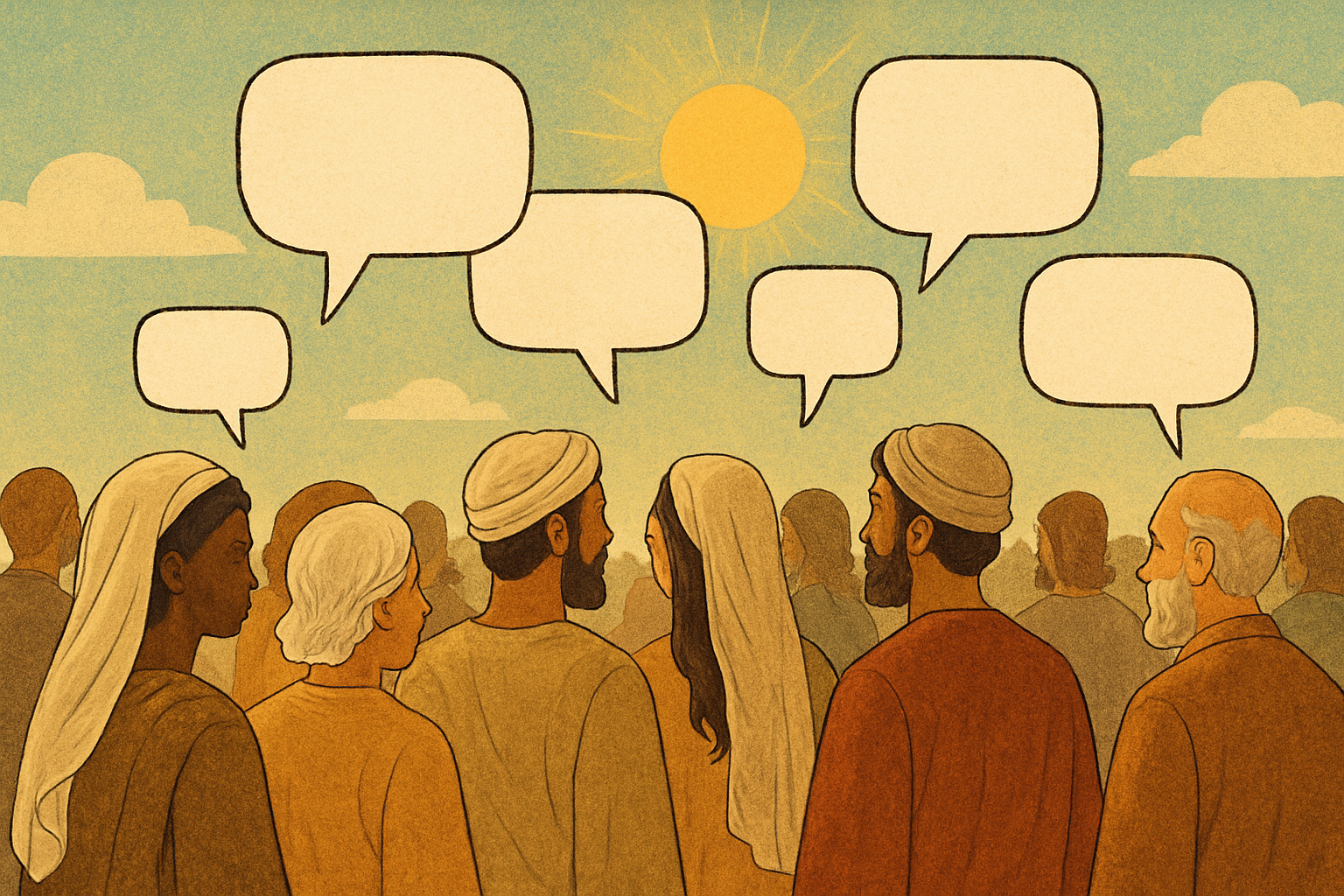 Illustration of a diverse group of people outdoors with speech bubbles above their heads, against a bright sky with the sun and clouds. The speech bubbles indicate the many questions they have about Jesus and his message.