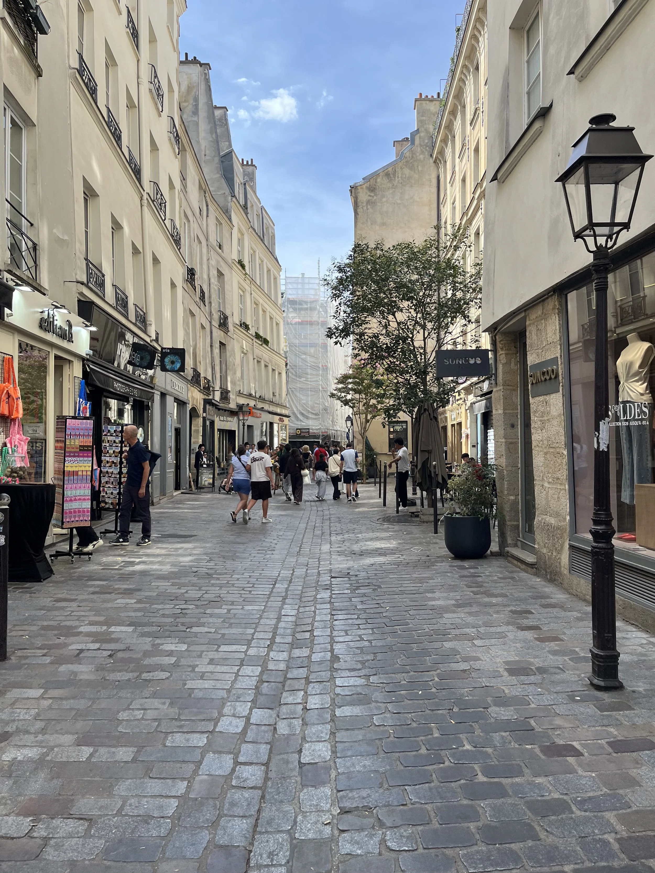 Rue piétonne pavée avec des boutiques et des passants. Bâtiments modernes avec fenêtres et balcons, arbre en centre de la rue, lampadaire en métal noir, ciel bleu avec quelques nuages.