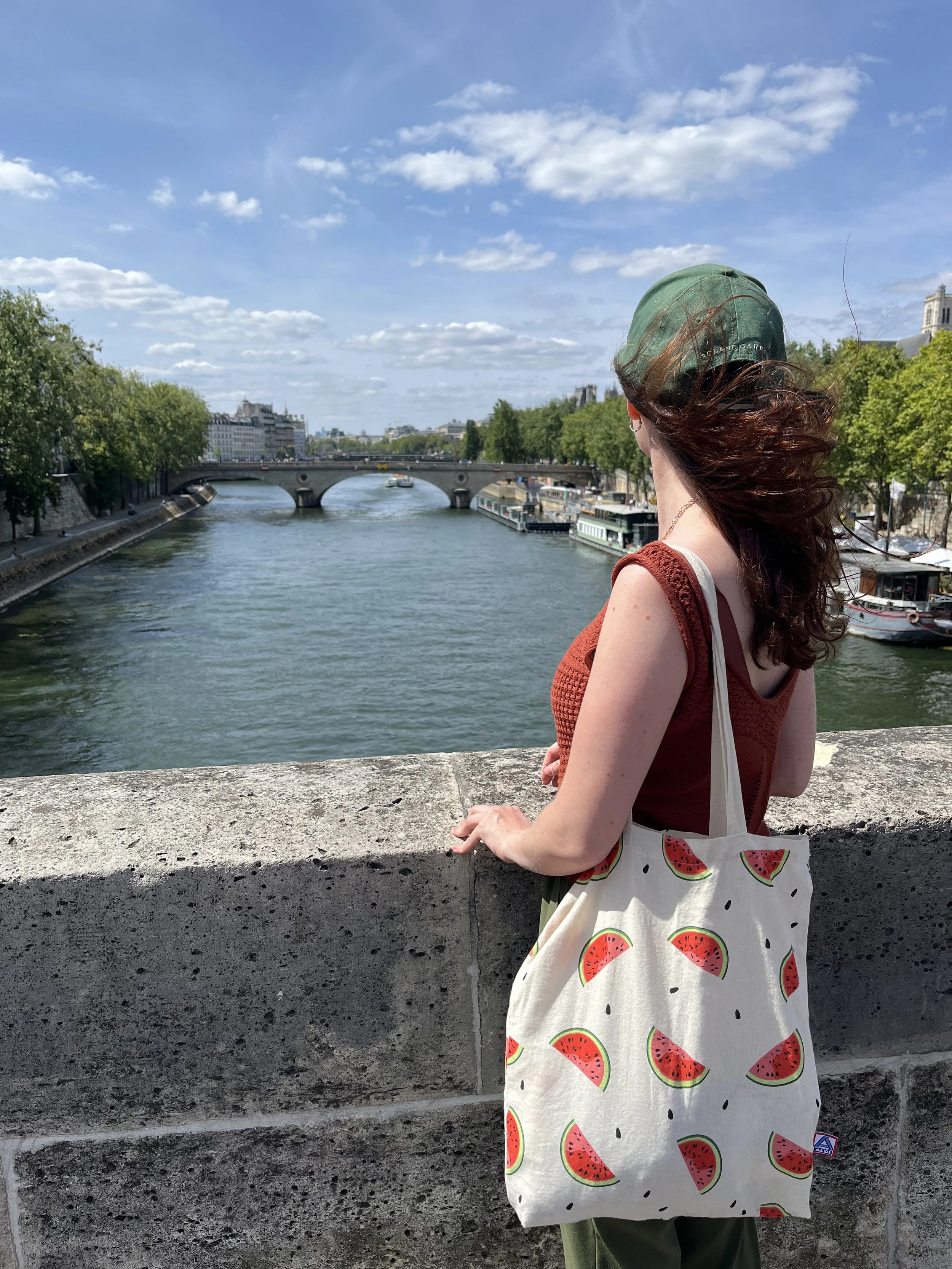 Une femme avec des cheveux bouclés portant un chapeau vert, un sac à main avec un motif de pastèques, et un vêtement vert, se tient près d'un mur en pierre sur un pont, regardant vers la Seine à Paris, avec un ciel partiellement nuageux.