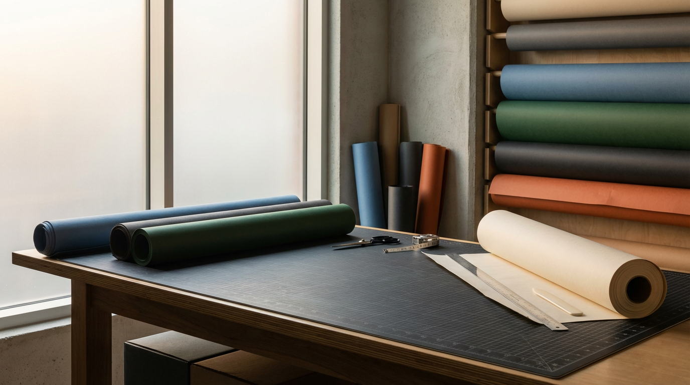 A workspace with rolls of fabric in various colors, a cutting mat, scissors, a ruler, and pattern paper on a wooden table, with fabric rolls stored on the wall and in a corner.