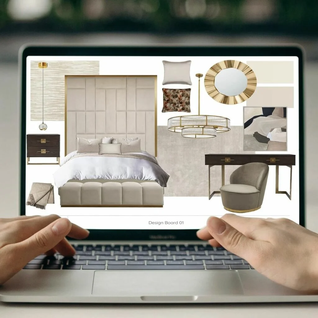 Digital interior design plan on a tablet screen showing a modern bedroom layout with a bed, nightstands, lamps, artwork, a round mirror, a chair, and decorative accessories.