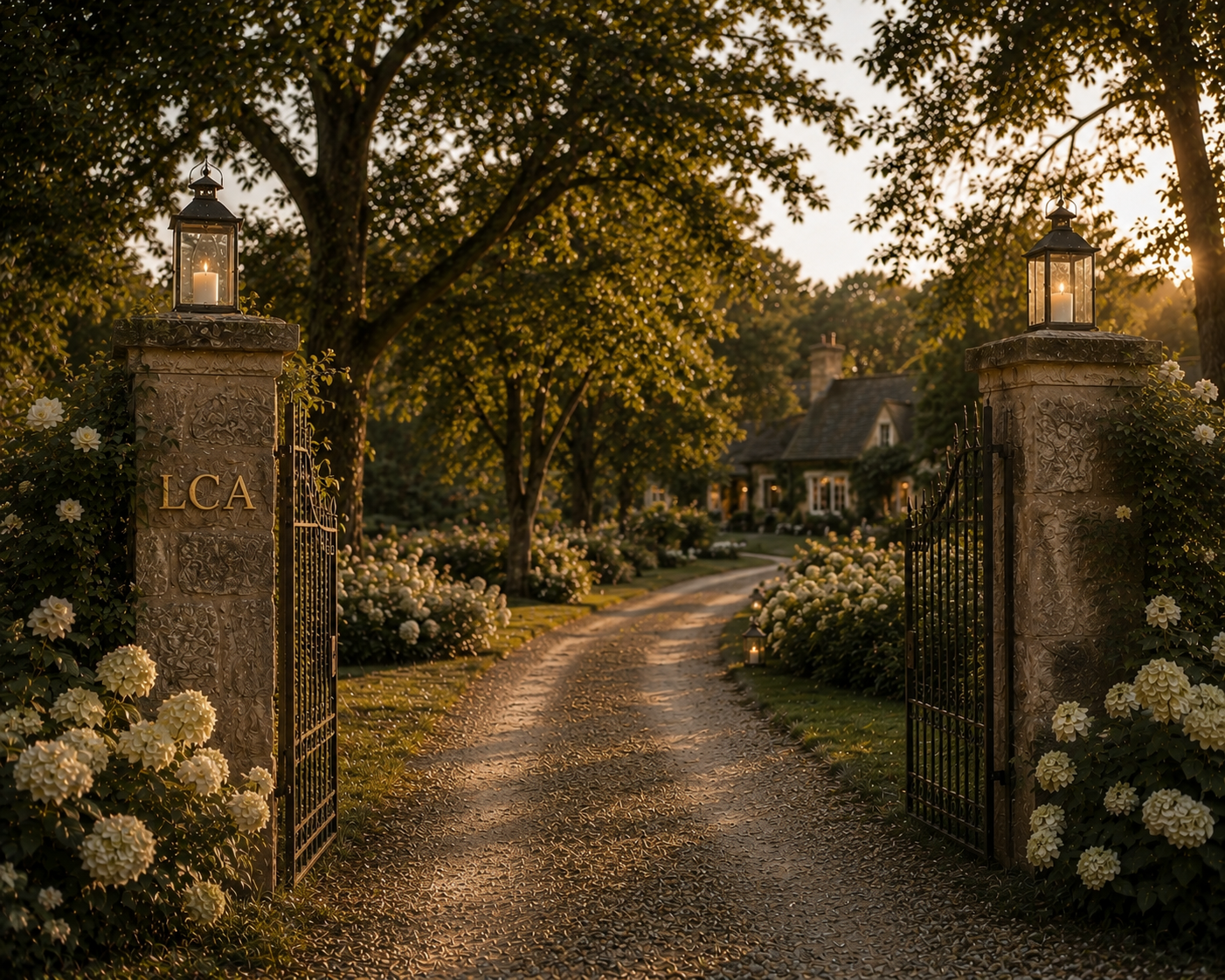 Een oprit met twee gietijzeren poorten met lantaarns die uitgaan in een lommerrijke tuin bij zonsondergang, met een pad dat naar een huis leidt, versierd met witte bloemen.