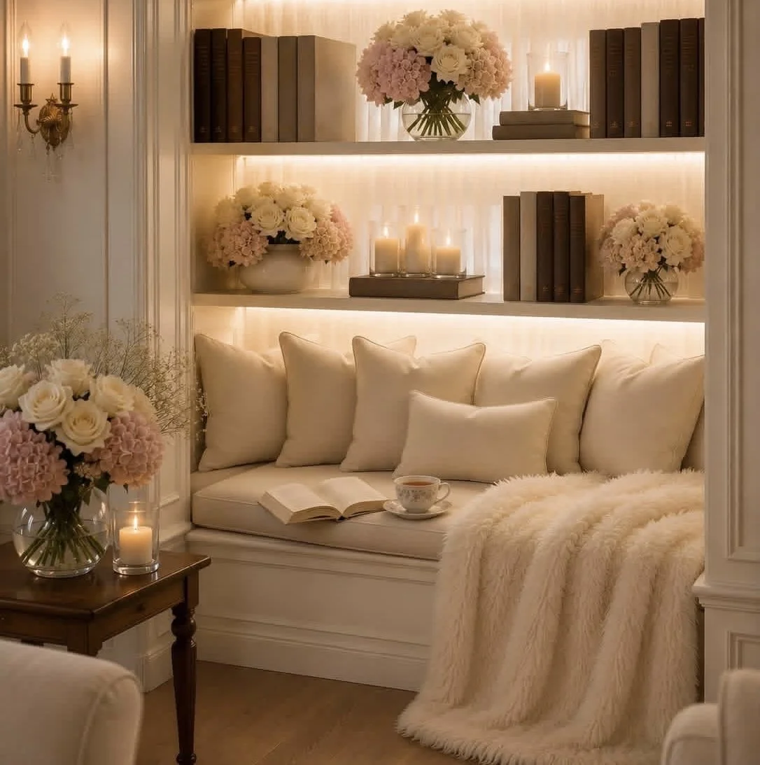 Gezellige woonkamer met witte bank, twee boekenkasten, bloemen in vazen, brandende kaarsen en een open boek met een kopje tekening op een tafel, warme verlichting.