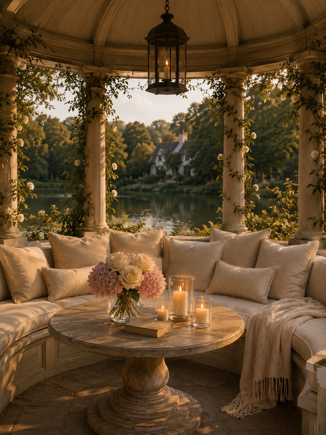 Een gezellige gazebo met een ronde bank, kussens, een houten tafel met bloemen, brandende kaarsen en uitzicht op een meer en een huis in de achtergrond.