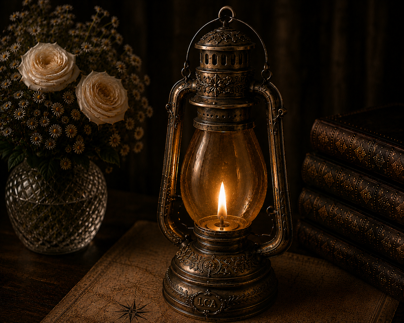 Een ouderwetse olielamp met een brandende vlam, geplaatst op een boek en naast een vaas met witte rozen en kleine witte bloemen.