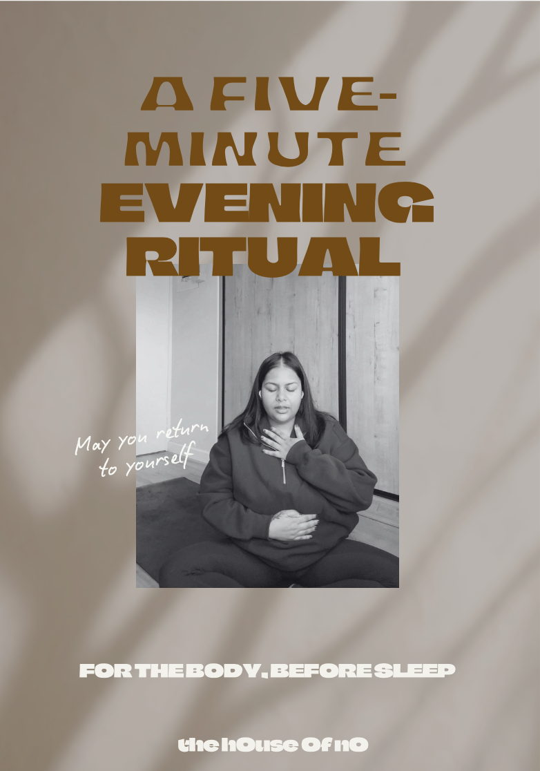 Prishaniee  in a meditation pose with her eyes closed, sitting cross-legged against a wooden wall. The image contains overlay text that reads 'A five-minute evening ritual.