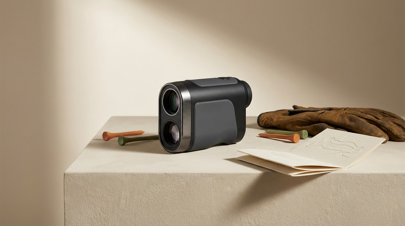 A black and gray compact camera, a pair of brown work gloves, a few golf tees, and some cards with line drawings on a light-colored surface.