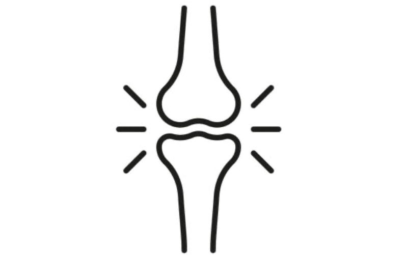 Line drawing of a human knee joint with radiating lines indicating pain or injury.