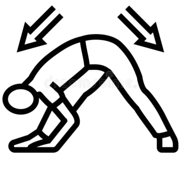 Line drawing of a person in a forward bend yoga pose with two arrows pointing downward above them.
