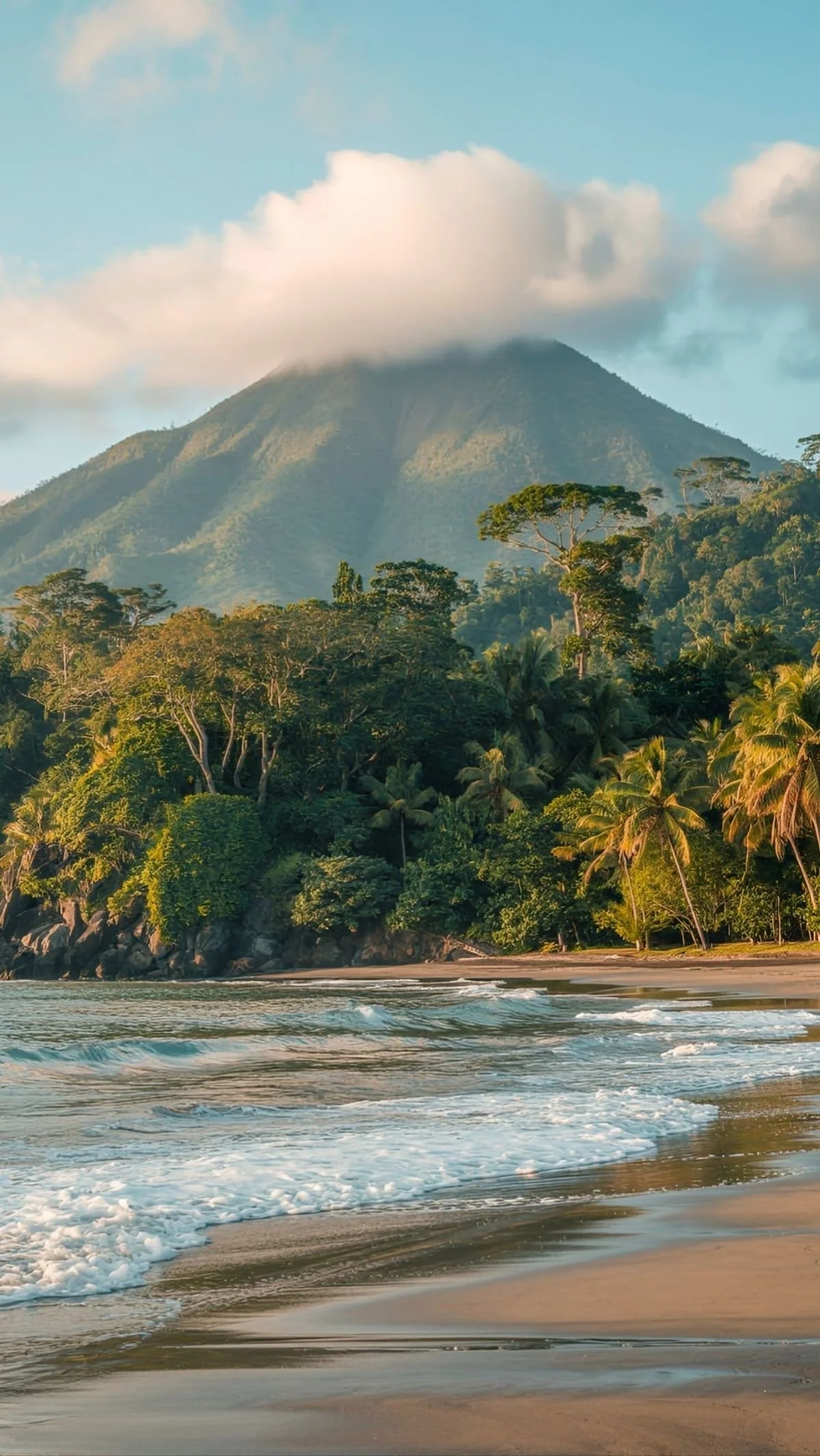 A tropical beach with waves hitting the shore, lush green trees on a hillside, and a mountain with clouds near its peak in the background.
