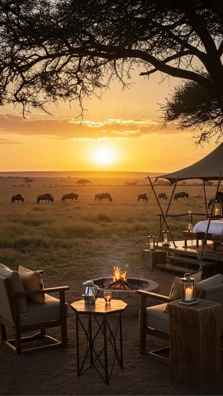 An outdoor safari campsite at sunset with a campfire, chairs, and lanterns, overlooking a savannah with elephants grazing and trees in the background.