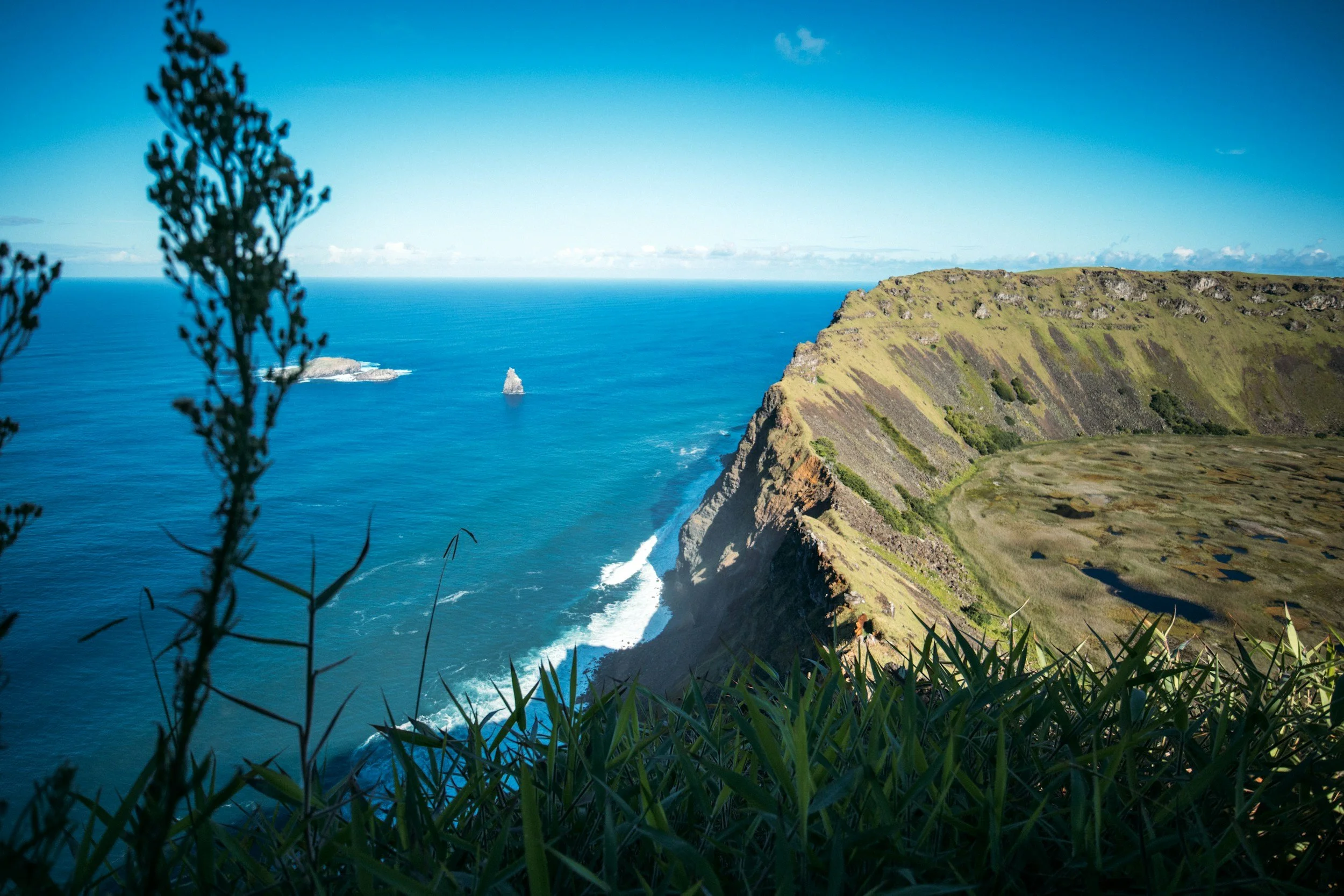 A scenic view of a coastal cliff with lush green vegetation and the ocean in the background, under a blue sky with some clouds.