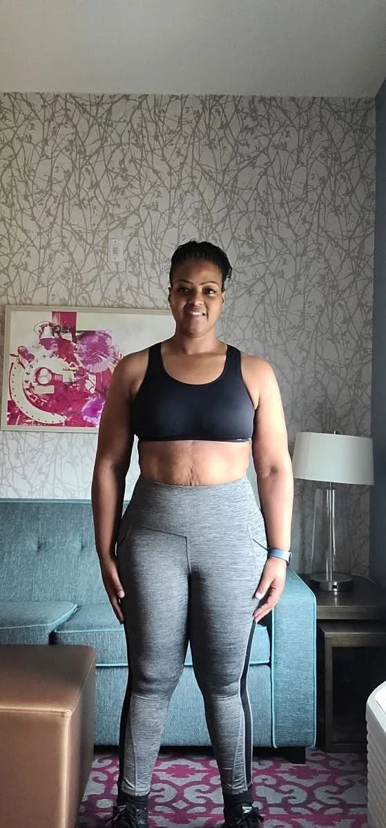 Body By U Fit client showing her strength training transformation and results with women’s fitness coaching in Houston, Texas.