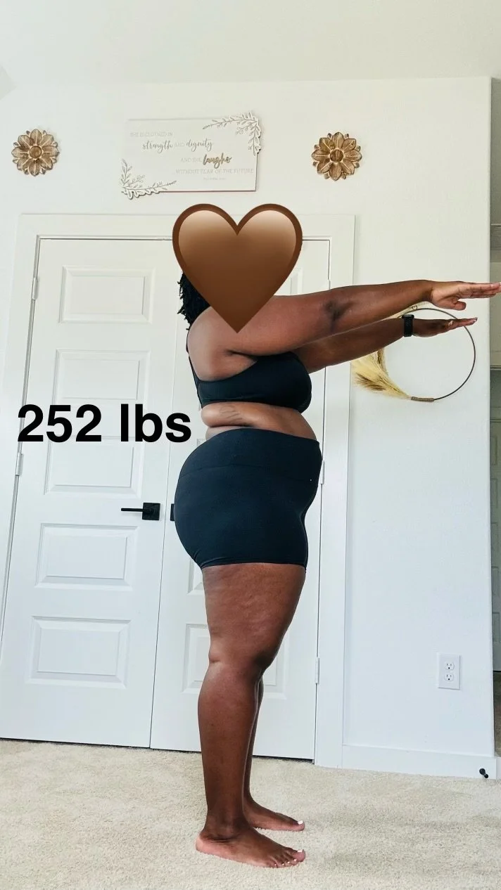 Side view of a woman in workout attire standing in a room, with her arms extended forward. A brown heart covers her face. Text on the image indicates her weight is 252 pounds.