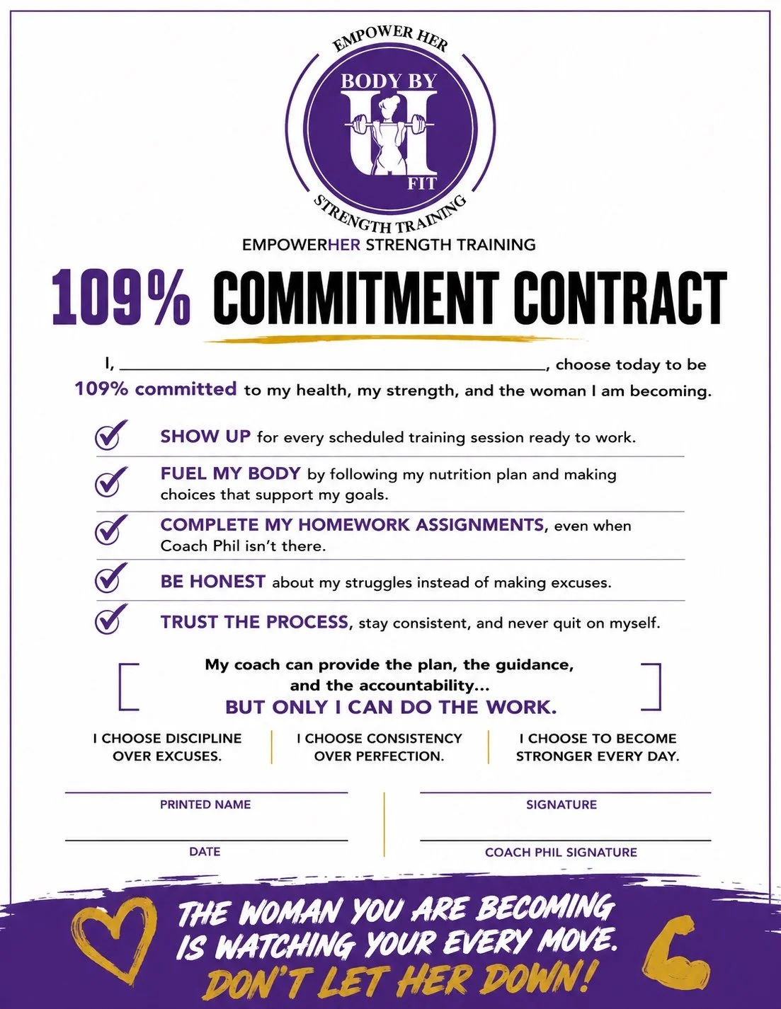 Body By U Fit EmpowerHer 109% Commitment Contract for women's strength training