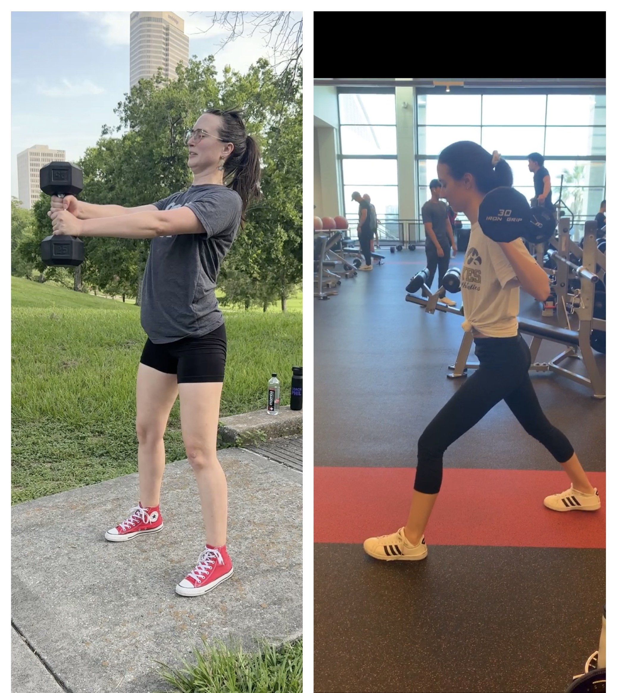 Sara performing a 25 lb dumbbell swing outdoors and strength training with dumbbells inside a gym.