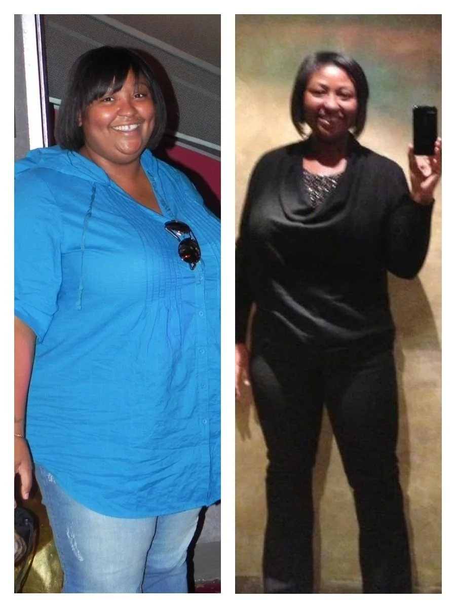 Side-by-side photos of the same smiling woman with dark hair, showcasing her before and after appearance changes. In the left photo, she is wearing a bright blue top, light-colored jeans, and sunglasses hanging from her shirt. In the right photo, she is dressed in a black top and pants, taking a selfie in a mirror.